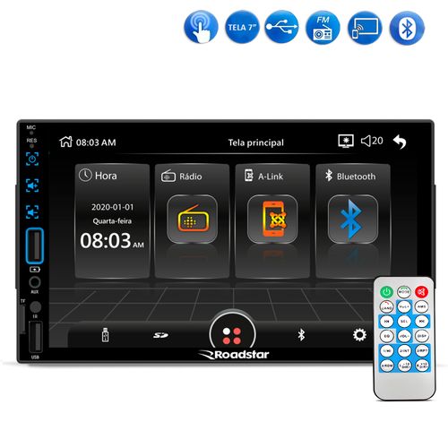 Central Multimídia MP5 2 Din Roadstar RS-508BR Plus Tela 7 Espelhamento Bluetooth USB SD AUX