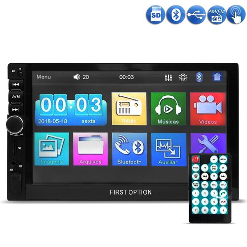 Central Multimídia 1 Din First Option MP5-7810 Tela 7 Espelhamento Bluetooth USB SD AUX Radio