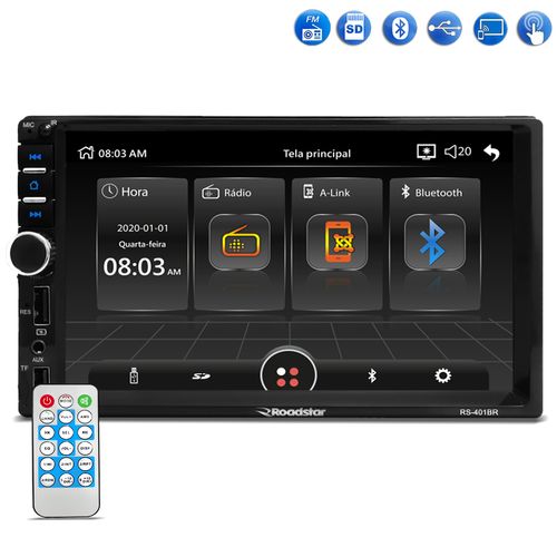 Central Multimídia MP5 1 Din Roadstar RS401BR Tela 7 Espelhamento Bluetooth USB SD AUX