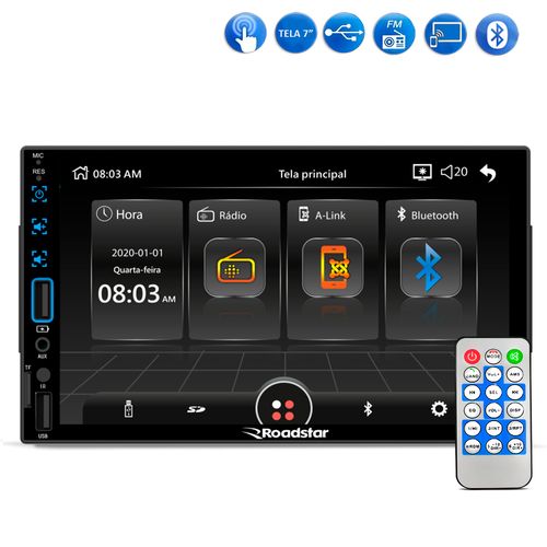 Central Multimídia MP5 2 Din Roadstar RS506BR Tela 7 Espelhamento Bluetooth USB SD AUX