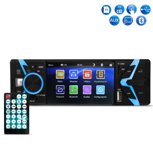 Radio Automotivo Mp5 First Option 9300 1 Din Tela 4 pol Espelhamento BT USB SD FM Aux 4x50w