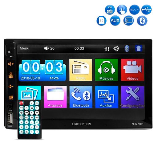 Central Multimídia 1 Din First Option MP5-7830 Tela 7 Espelhamento Bluetooth USB SD AUX Radio