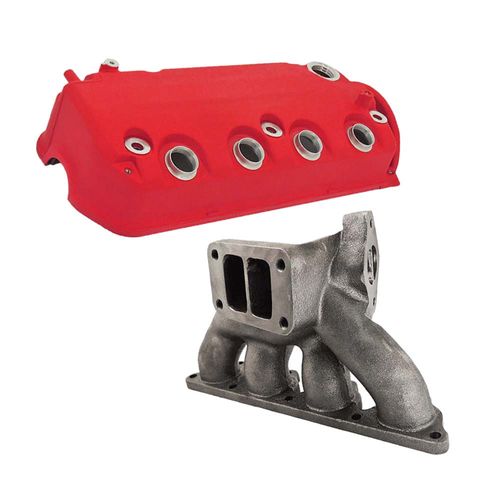 Coletor de escape para turbo pulsativo Honda D15 / D16 – T3 + Tampa de válvulas/cabeçote para motor Honda D16 SOHC em alumínio – Vermelho Texturizado