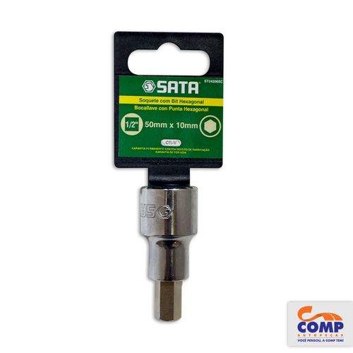 Soquete Bit Hexagonal Sata Encaixe 1/2 X 50 X 10 mm Aço Cromo Vanádio Cromado Apertar Afrouxar Parafusos Porcas Qualidade Resistencia ST24206SC
