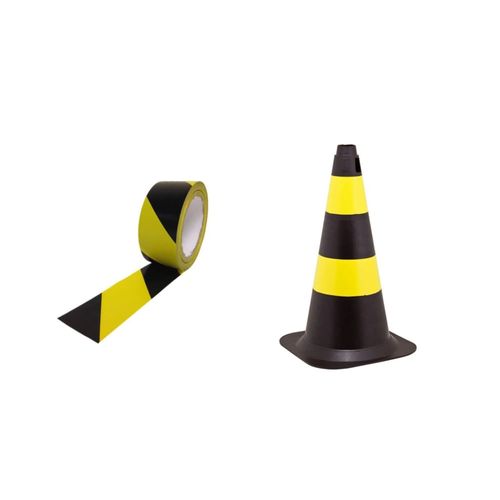 Kit fita zebrada preta e amarela + cone sinalizador 50 centímetros preto e amarelo PLASTC