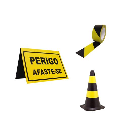 Kit fita zebrada preta e amarela + cone sinalizador 50 centímetros preto e amarelo + cavalete de sinalização perigo afaste-se PLASTC