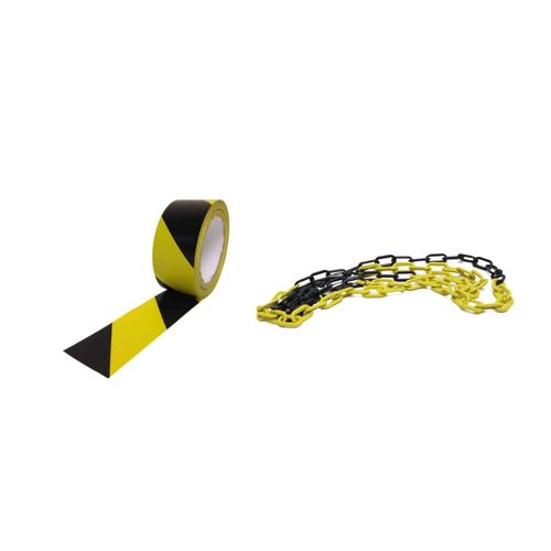 Kit fita zebrada preta e amarela + corrente plástica de sinalização preta e amarela elo pequeno PLASTC