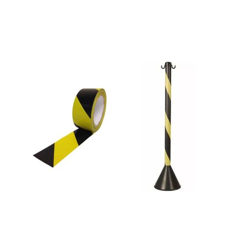 Kit fita zebrada preta e amarela + pedestal organizador de filas zebrado preto e amarelo 93cm PLASTC