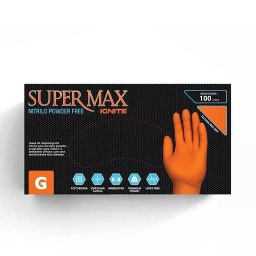 LUVA NITRÍLICA DE SEGURANÇA CONTRA AGENTES QUÍMICOS LARANJA NITRILO POWDER FREE IGNITE G 100UN SUPERMAX