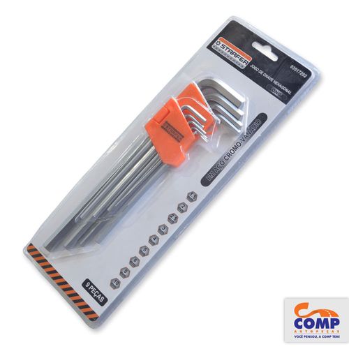 Jogo de Chave Hexagonal Longa Aço Cromo-Vanádio Suporte Plástico 1,5 mm até 10 mm Qualidade Resistencia 03517292